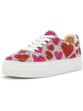 Women Red Pink Comfortable Rhinestone Low-Top Glam Stylish Design Sneakers